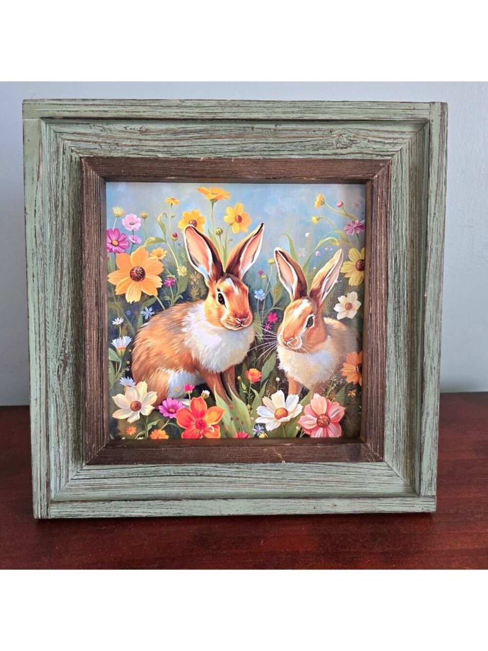 Framed Wall Art Bunny Rabbit Floral Rustic Cottagecore Shabby Chic Spring Decor